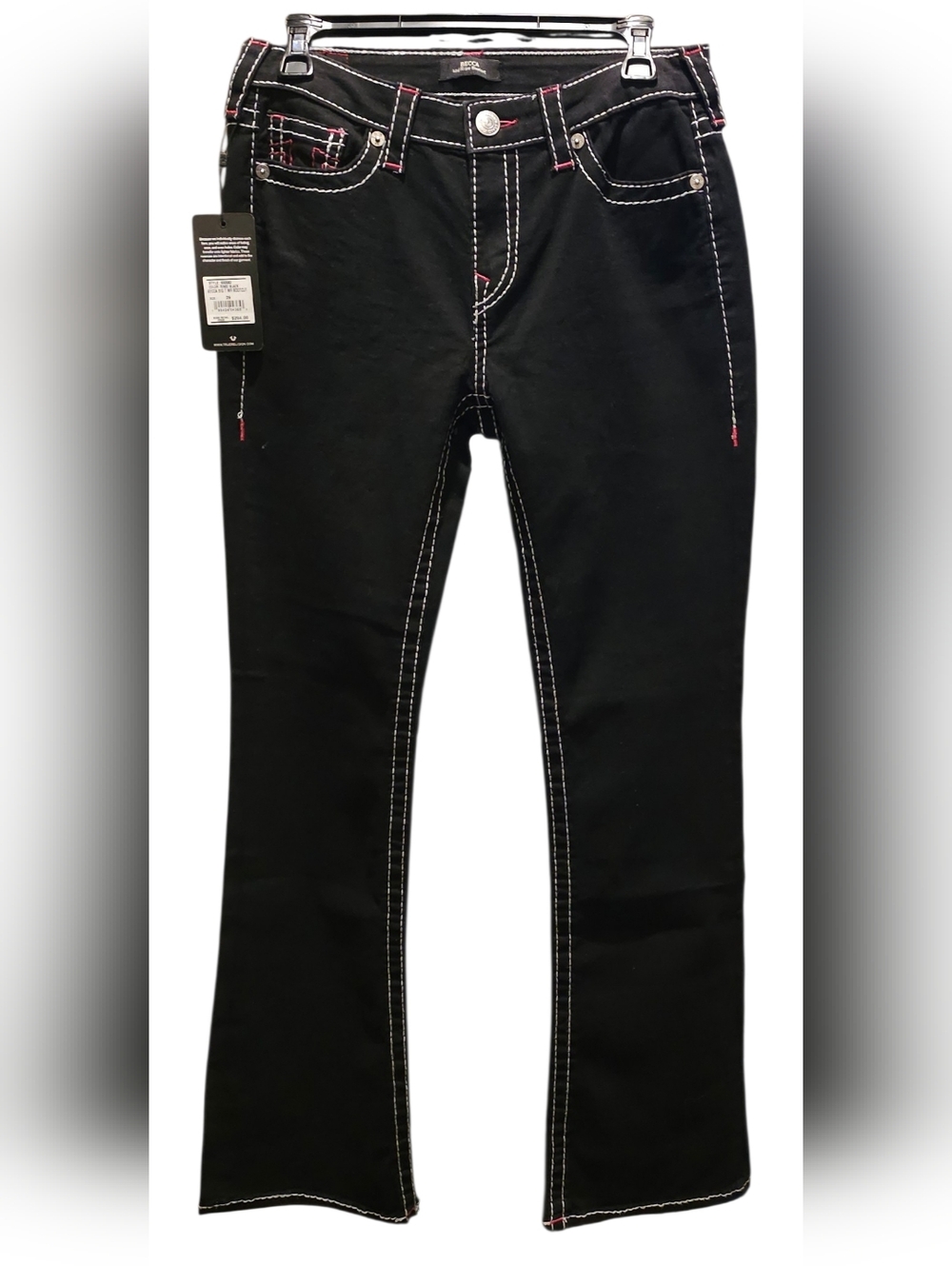 True Religion Black Bootcut Jeans with Pink Contrast Stitching